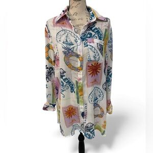 Violet Sky Tropical Print Button Down Tunic Shirt Medium Beachy Resort Coastal